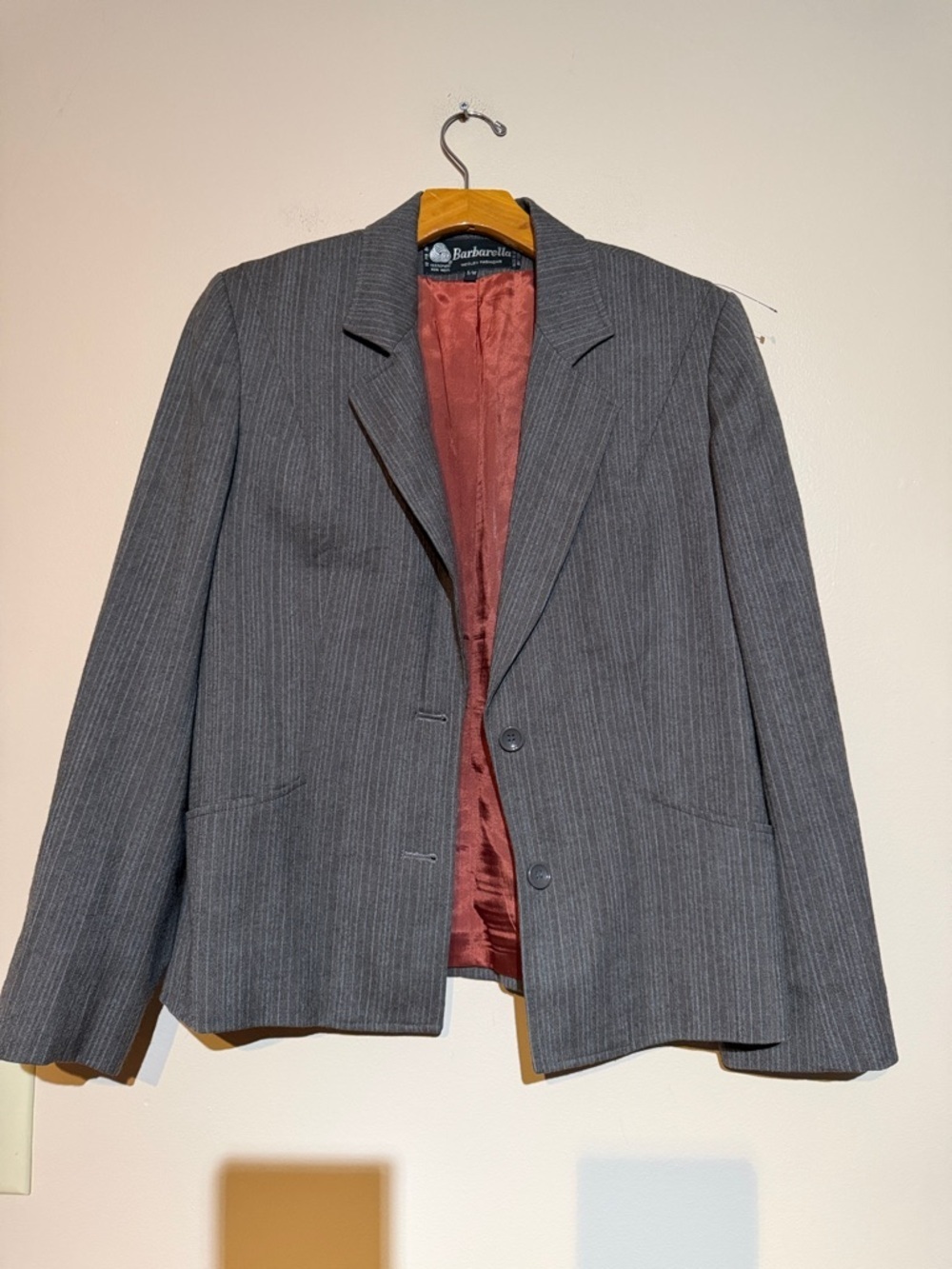 Gray Pinstripe Women's Blazer with Red Lining